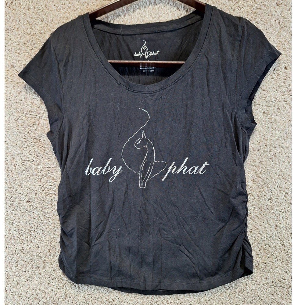 Baby Phat T-Shirt Womens XL Black Rhinestone Logo Ruched Side‎ Y2K McBling Party